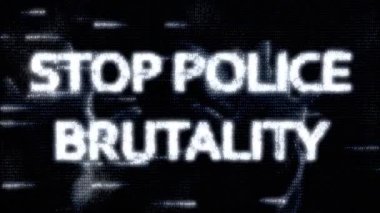 sayı animasyonu, matris stilinde, yazıyla, beyaz harflerin sloganı. Polis vahşetini durdurun. İnsan eli çizgileri olan siyah dijital bir arkaplan. ABD 'de ırkçılık sorunu.