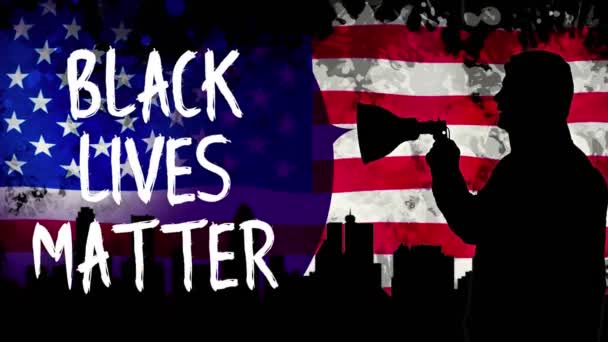 Animation. black silhouette of protester holds a megaphone and shouts out slogan - Black Lives Matter. background is of skyscrapers black silhouettes, city, waving USA flag. — Stock Video