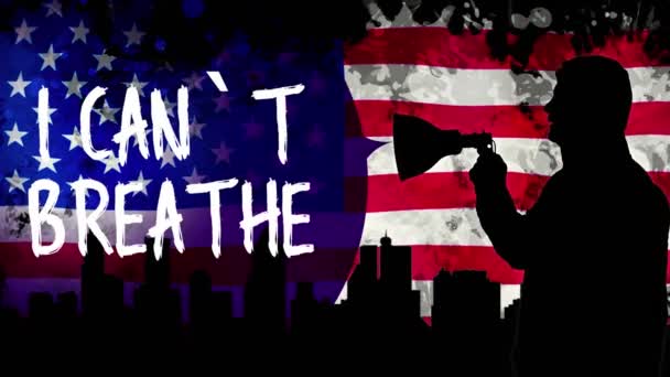 Animation. silhouette noire du manifestant tient un mégaphone et crie slogan - Je ne peux pas respirer. fond est de gratte-ciel silhouettes noires, ville, agitant drapeau des États-Unis . — Video