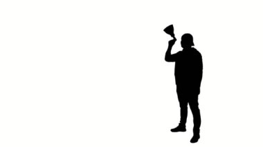 Protestocuların siyah silueti bir megafon tutuyor, beyaz arka planda sloganlar atıyor. Eylemci protestoda, mitingde, gösteride