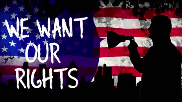 Animation. silhouette noire du manifestant tient un mégaphone, crie slogan - Nous voulons nos droits. fond est d'agitant drapeau des États-Unis, gratte-ciel silhouettes noires, ville . — Video
