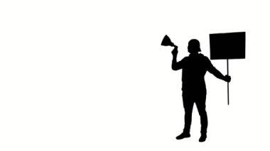 Protestocuların siyah silueti elinde bir megafon ve bir poster tutuyor, beyaz arkaplanda sloganlar atıyor. Eylemci protestoda, mitingde, gösteride