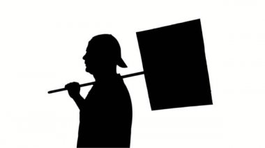Profil, protestocuların siyah silueti afiş, afiş taşıyor, beyaz arka planda sloganlar atıyor. Eylemci protestoda, mitingde, gösteride