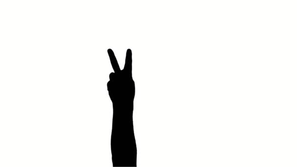 クローズアップ、手で人間の勝利サイン、白の背景に黒のシルエット。抗議芸術。闘争のシンボル。アメリカでアフリカ系アメリカ人の抗議。権利のために戦う. — ストック動画