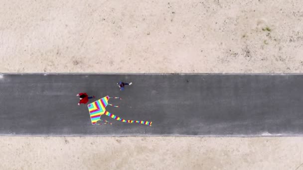 Aero. Vista superior. mujer con una chica, volar una brillante, colorido arco iris cometa en el cielo en la playa. buen tiempo, día de primavera. Lanzamiento de cometas voladoras. Diversión actividad al aire libre . — Vídeos de Stock