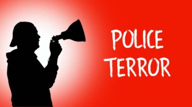 Animasyon. Protestocuların siyah silueti elinde bir megafonla slogan attı: Polis Terörü. turuncu arka plan. ABD ve Avrupa 'da siyahların hak ve özgürlüklerini destekleyen protestolar