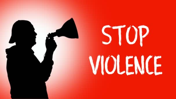 Animace. Černá silueta protestanta drží megafon, křičí slogan - Zastavte násilí. oranžové pozadí. Protesty na podporu práv a svobod černochů v USA a Evropě — Stock video