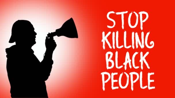 Animación. silueta negra del manifestante sostiene un megáfono, grita consigna - Deje de matar a los negros. fondo naranja. Protestas en apoyo de los derechos y libertades de los negros en Estados Unidos y Europa — Vídeo de stock