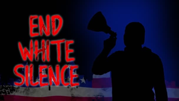 Animation. black silhouette of protester holds a megaphone, shouts out slogan - end white silence. USA flag background. Protests in support of black people rights and freedoms in USA and Europe — Stock Video