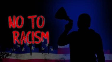 Animasyon. Protestocuların siyah silueti bir megafon tutuyor, slogan atıyor - RACISM 'e HAYIR. ABD bayrağı geçmişi. ABD ve Avrupa 'da siyahların hak ve özgürlüklerini destekleyen protestolar