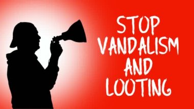 Animasyon. Protestocuların siyah silueti bir megafon tutuyor, slogan atıyor - vandalizmi ve yağmayı durdurun. turuncu arka plan. ABD ve Avrupa 'da siyahların hak ve özgürlüklerini destekleyen protestolar