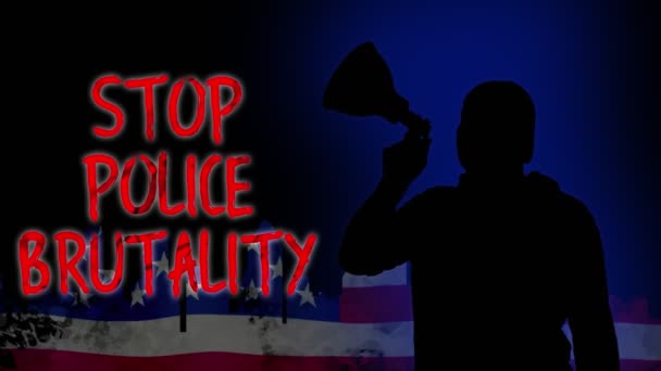 Animation. Die schwarze Silhouette eines Demonstranten hält ein Megafon in der Hand, ruft Parolen - Stoppt die Brutalität der Polizei. Hintergrund der USA-Flagge. Proteste zur Unterstützung der Rechte und Freiheiten schwarzer Menschen in den USA und Europa — Stockvideo