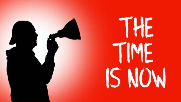 Animace. Černá silueta chráněnce drží megafon, křičí slogan - Nyní je čas. oranžové pozadí. Protesty na podporu práv a svobod černochů v USA a Evropě — Stock video