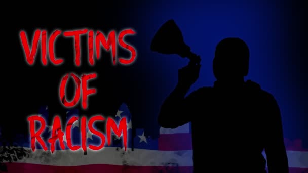 Animation. black silhouette of protester holds a megaphone, shouts out slogan - victims of racism. USA flag background. Protests in support of black people rights and freedoms in USA and Europe — Stock Video