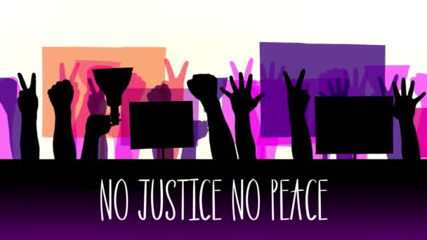Animacja z tekstem... brak sprawiedliwości brak pokoju. czarne sylwetki protestujących rąk, które trzymają plakaty, transparenty, megafony. Białe tło. Protesty na rzecz praw i wolności czarnych w USA — Wideo stockowe