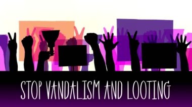 Mesajla animasyon... Vandalizmi ve yağmayı durdurun. Afişler, afişler, afişler, megafonlar taşıyan protestocuların siyah siluetleri. Beyaz arka plan. Siyahların hak ve özgürlüklerini protesto