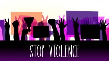 Mesajla animasyon... Şiddeti durdurun. Afişler, afişler, afişler, megafonlar taşıyan protestocuların siyah siluetleri. Beyaz arka plan. Tüm dünyadaki insan hakları ve özgürlüklerini protesto etmek.