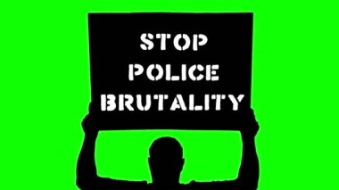 Animasyon. Protestocuların siyah siluetinde posterler var, kafasının üstünde pankart, sloganla... Polis vahşetini durdurun. Yeşil arka plan. ABD 'de siyahların hak ve özgürlüklerini destekleme eylemi