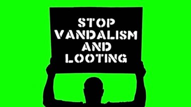 Animasyon. Protestocuların siyah siluetinde posterler var, kafasının üstünde pankart, slogan- vandalizmi ve yağmayı durdurun. Yeşil arka plan. ABD 'de siyahların hak ve özgürlüklerini destekleme eylemi