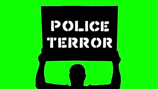 Animation. Die schwarze Silhouette des Demonstranten hält ein Plakat, ein Banner über seinem Kopf, mit Parolen wie "Polizeiterror". Grüner Hintergrund. Protest zur Unterstützung der Rechte und Freiheiten schwarzer Menschen in den USA und Europa. — Stockvideo