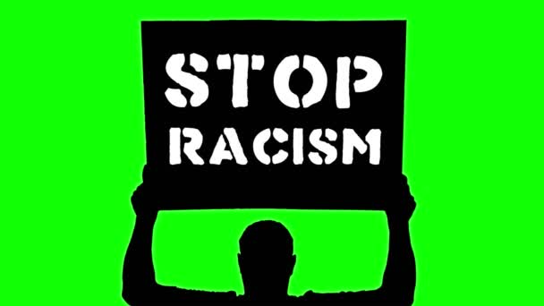 Animatie. zwart silhouet van demonstrant houdt poster, spandoek boven zijn hoofd, met slogan- Stop Racisme. Groene achtergrond. Protest ter ondersteuning van de rechten en vrijheden van zwarten in de VS en Europa. — Stockvideo