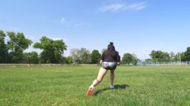 Donna di idoneità in abbigliamento sportivo che fa vari esercizi su erba verde di campo di sport, a stadio. Sport all'aria aperta. formazione online. caldo giorno d'estate. concetto di stile di vita sano — Video Stock