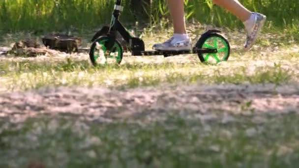 Крупным планом, ребенок девочка на скутере через лес или парк. трава покрыта тополевым пухом. летний жаркий день . — стоковое видео
