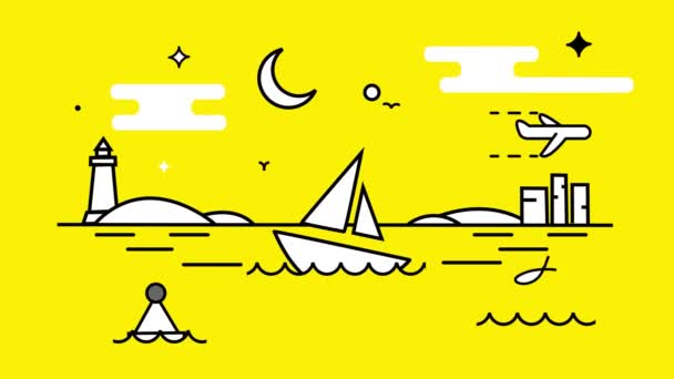Анімація. білий човен, що гойдається на хвилях, маяк, ніч з місяцем і зірками. яскраво-жовтий фон — стокове відео