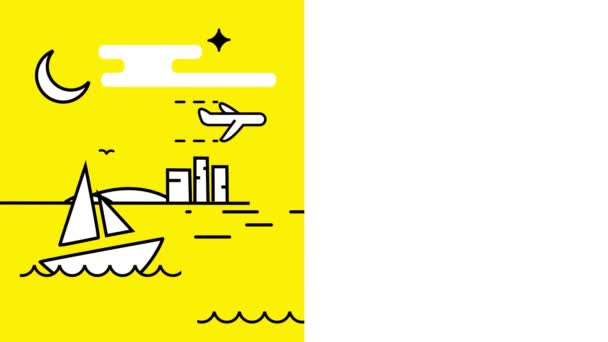 Animation. a white boat swinging on the waves, flying airplane in the sky, a night with a moon and stars. yellow background. next, white background for inscription or text — Stock Video