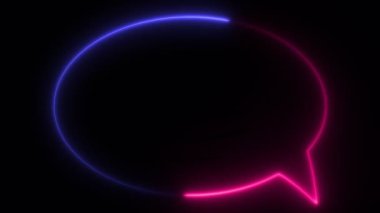 Işık animasyonu. Neon pembe ve mor, göz kırpan ve parlayan konuşma balonu işareti, siyah arka planda..