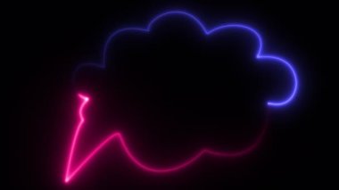 Işık animasyonu. Neon pembe ve mor, göz kırpan ve parlayan konuşma balonu işareti, siyah arka planda..