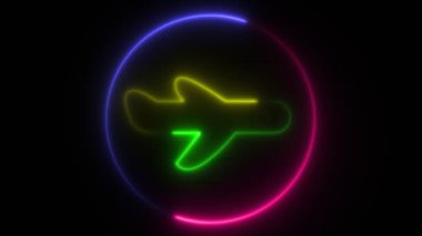 Işık animasyonu. Neon pembe ve mor, yanıp sönen ve parlayan bir işaret, siyah arka planda, çok renkli düzlemin ana hatları.