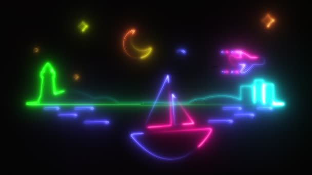 Animación ligera, parpadeante y brillante. multicolor, contornos de neón de barco, que balanceándose sobre las olas, un faro, una noche con una luna y estrellas. sobre un fondo negro — Vídeos de Stock