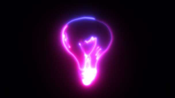 Световая анимация. Неоновый розовый, мигающий и светящийся знак, контуры лампочки, на черном фоне — стоковое видео