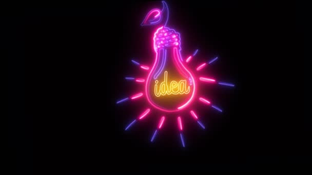 Lätt animation. Neon rosa och lila, blinkande och glödande konturer av glödlampa med inskription av ord idé i mitten av den. svart bakgrund. — Stockvideo