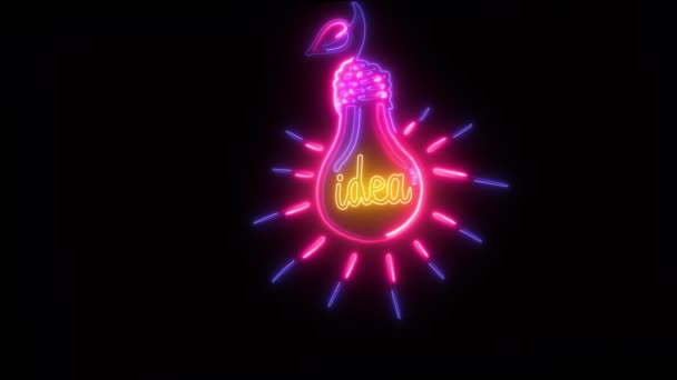 Light animation . Neon pink and purple, blinking and glowing outlines of light bulb with inscription of word idea in the middle of it. black background. — Stock Video