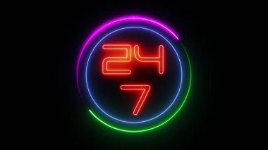 Işık animasyonu. Neon çok renkli tabela, pankart ya da şablon şeklinde daire şeklinde, yazılı - 24 ve 7 siyah zemin.