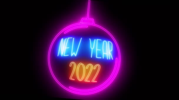 Helle mehrfarbige Neujahrs-Animation. 2022 Frohes Neues Jahr Neon Banner oder Vorlage in Form von Weihnachtskugeldekoration. schwarzer Hintergrund. — Stockvideo