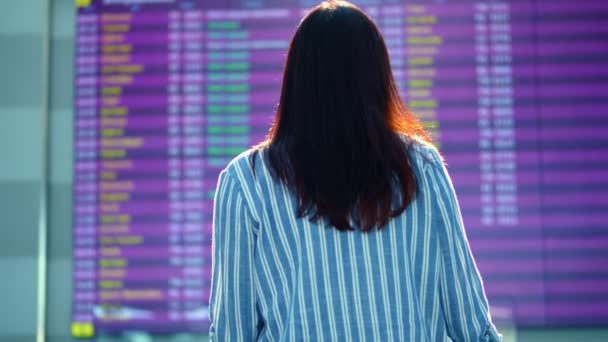 Achteraanzicht. Vliegtuigpassagier, vrouwelijke toerist die tegen het vertrekbord op de luchthaven staat. Ze controleert het vluchtschema. Opening van het luchtverkeer na de coronavirusepidemie — Stockvideo