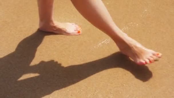 Κοντά, γυμνά γυναικεία πόδια περπατούν κατά μήκος της παραλίας, αφήνοντας πατημασιές στην άμμο. Πλένονται μακριά από το μαλακό θαλάσσιο σερφ. έννοια θαλασσίων διακοπών — Αρχείο Βίντεο