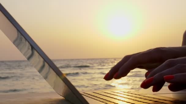 Mãos femininas freelance trabalhando com laptop ao pôr do sol ou backgroud nascer do sol. freelancer, trabalho remoto. trabalho e férias no mar . — Vídeo de Stock