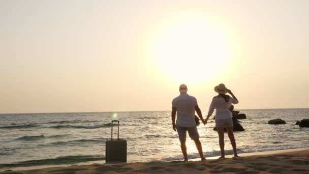 Sylwetka pary kochanków. podróżni stoją na plaży, trzymając się za ręce, na tle morza, wschodu lub zachodu słońca. W pobliżu jest walizka. Miesiąc miodowy, wakacje nad morzem. koncepcja podróży. — Wideo stockowe
