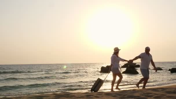 Romantiska par älskare, silhuetter. vandrare gå längs stranden, hålla händer, med resväska mot bakgrund av hav, soluppgång eller solnedgång. resekoncept. Smekmånad. semester vid havet — Stockvideo