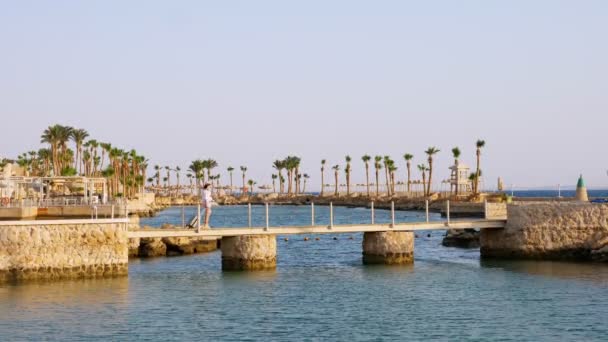 Mujer joven en ropa de verano, gafas de sol y sombrero de sol, paseos con equipaje de viaje a lo largo del puente vacío, sobre el fondo del mar y las palmeras. vacaciones en la playa. concepto de viaje. — Vídeo de stock