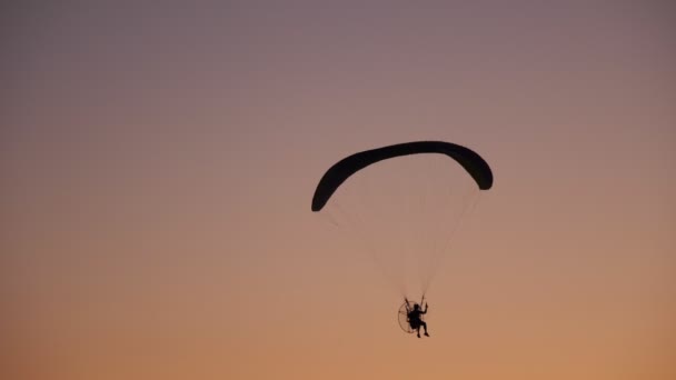 Dark silhouette of Moto Paraglider flies, soars in the air, against the background of a bright orange sunset — Stock Video