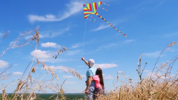 Счастливая семья, папа и дочь, запускают разноцветного змея, стоящего в поле с шипами, на фоне голубого неба. солнечный летний день. — стоковое видео