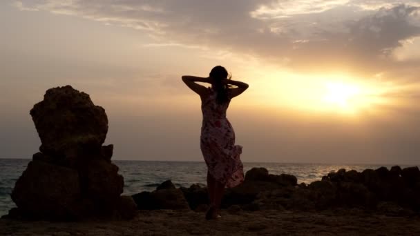 Widok z tyłu, ciemna sylwetka młodej kobiety stojącej nad morzem, o wschodzie słońca. Wiatr wieje jej sukienkę — Wideo stockowe