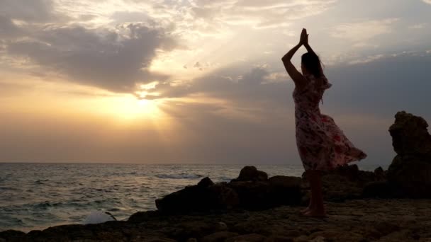 Widok z tyłu, ciemna sylwetka młodej kobiety stojącej nad morzem, o wschodzie słońca. Wiatr wieje jej sukienkę — Wideo stockowe