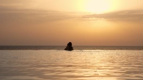 Silhouettes, couple amoureux, homme et femme, câlins et baisers, s'amuser, se détendre dans l'eau de la piscine extérieure à débordement avec vue panoramique sur la mer, au lever du soleil. lune de miel, voyage et vacances concept — Video