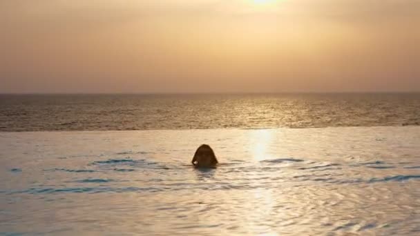 Silhouette, donna, in occhiali da sole, nuota nella piscina a sfioro all'aperto con vista panoramica sul mare, all'alba. concetto di viaggio e vacanza — Video Stock